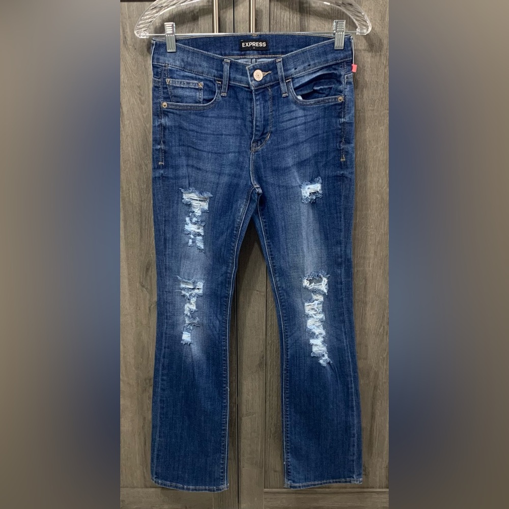 Express Barely Boot Mid Rise Frayed Dark Denim Blue Jeans Women's Size 2 Slim